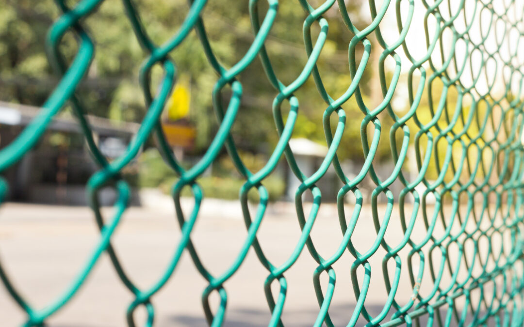 Close-up of a green chain link fence with blurred background, highlighting its texture and structure